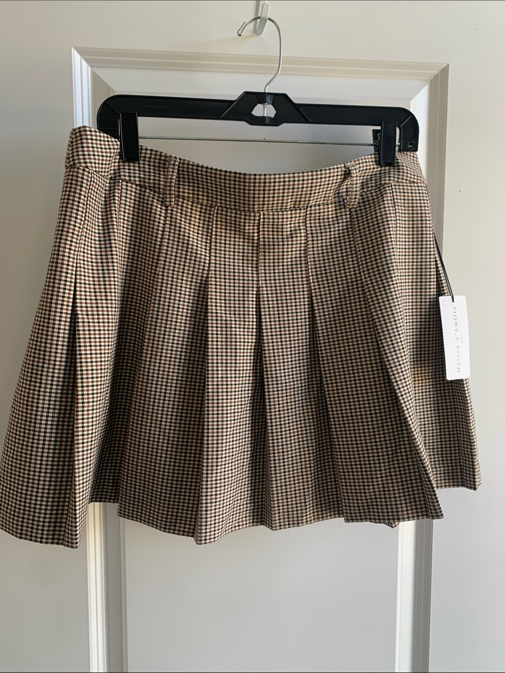 Houndstooth Pleated Skater Skirt - Brown/Beige